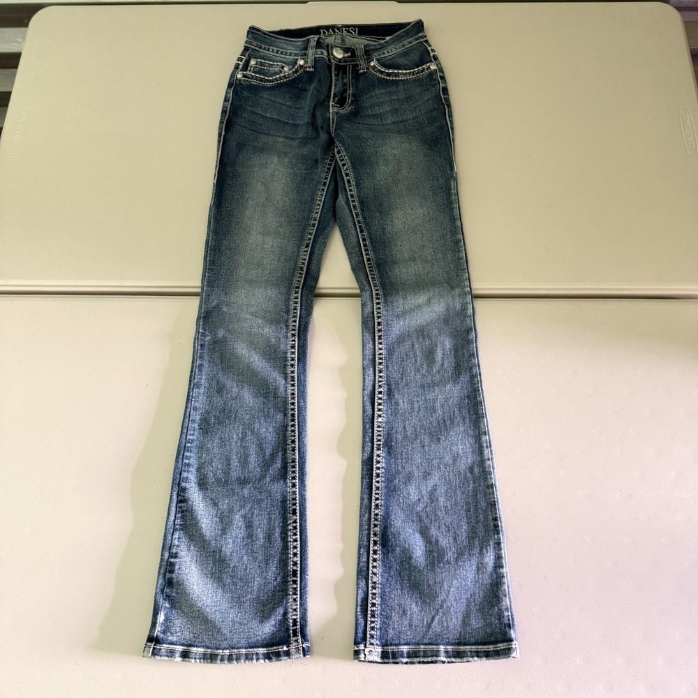Danesi Jeans Womens 3 Medium Wash Flare Stretch Rhinestone Pocket Denim Blue Pan